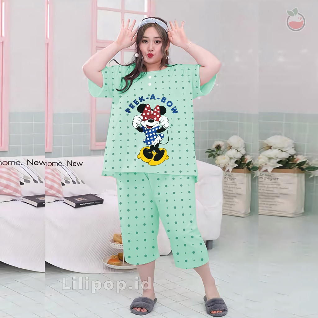 Lilipop.id  Baju Tidur Wanita Peek Bow 3/4 Jumbo Celana Pendek XXXL Baby Doll Bahan Kaos