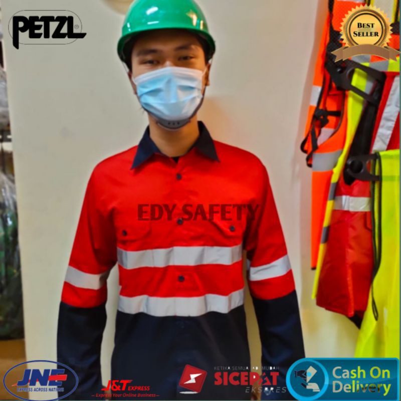 BAJU Kerja Safety/atasan Kerja Safety Merah kombinasi biru Dongker