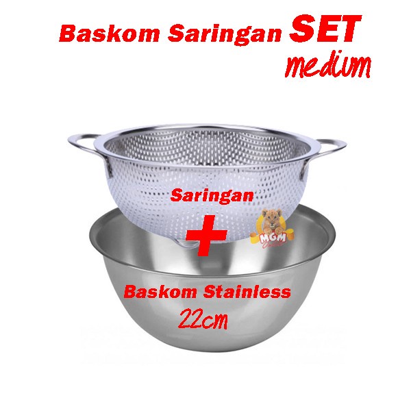 SET 2pc Baskom Stainless 22cm PLUS baskom Saringan Stainless 20cm