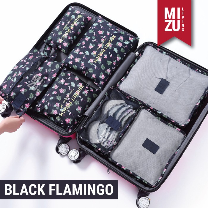 SECRET POUCH Travel Packing Cubes 7in1 Storage Bag Organizer Tas Koper MOTIF-BLACK Flamingo
