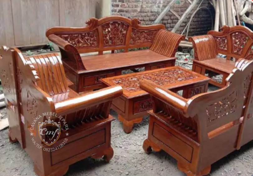 KURSI TAMU MADURA UKIR KAYU JATI MINIMALIS 1 SET LENGKAP MEBEL JEPARA