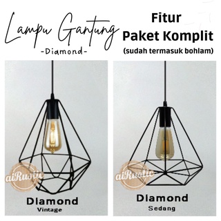 PAKET KOMPLIT - Kap lampu gantung diamond rustic pendant light