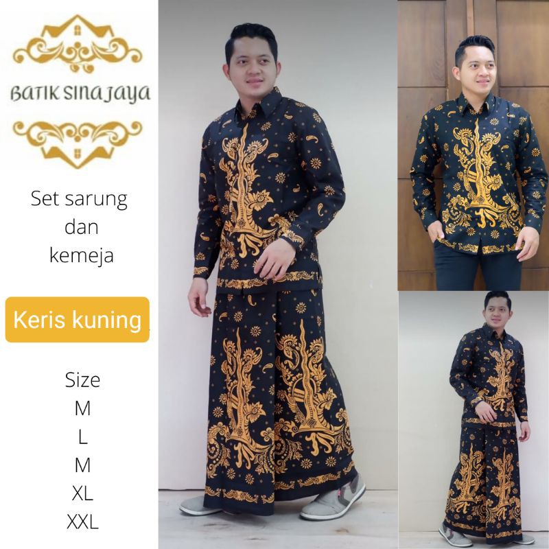 Batik Solo Pria Dewasa Sarung Setelan Baju Koko Keris Kuning