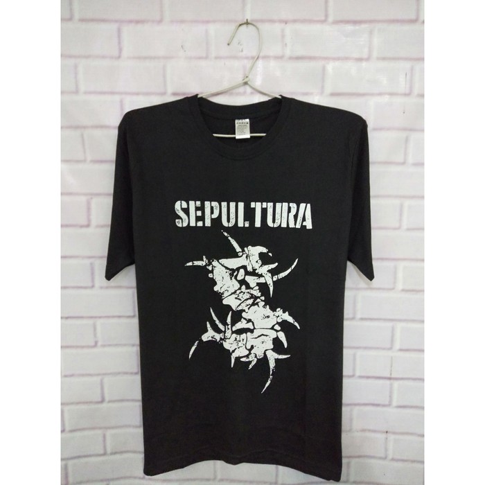 baju kaos tshirt musik metal pria wanita band Sepultura logo white ink - Built up