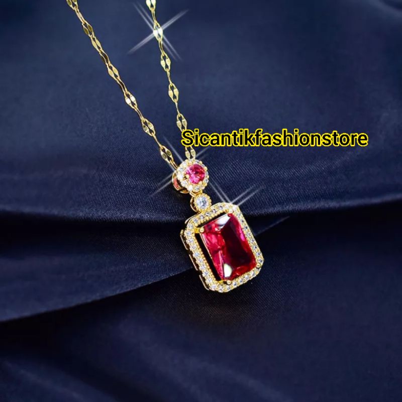 Kalung Titanium Wanita Liontin Batu Delima Merah Terbaru Terlaris Anti Karat Selamanya Kalung Wanita Korea Viral Liontin Batu Merah Fashion Wanita