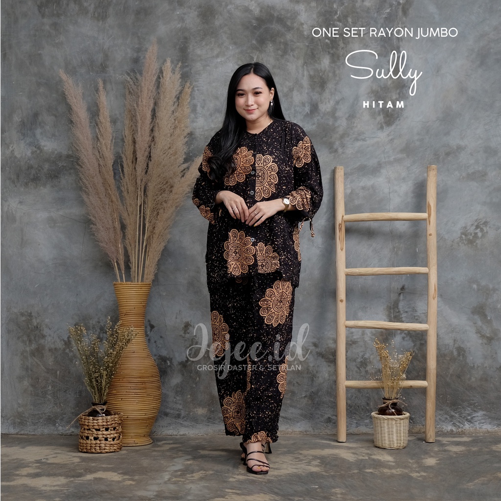 SETELAN RAYON JUMBO LD 120 CM BIG SIZE SUNDARI SET PIYAMA TIE DYE LENGAN PANJANG KANCING-SULLY-HITAM