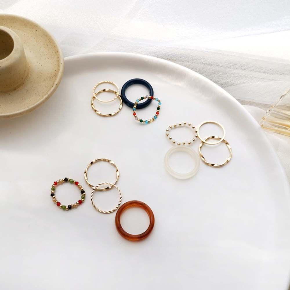 4pcs / set Cincin Manik-Manik Resin Geometris Warna-Warni Gaya Retro Korea Untuk Wanita