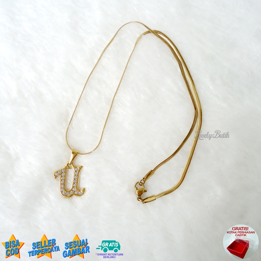 Lovelybutik Honey Kalung Inisial Huruf Titanium Anti Karat Kalung Hurup Abjad Alphabet Ins U Klasik  BONUS KOTAK PERHIASAN