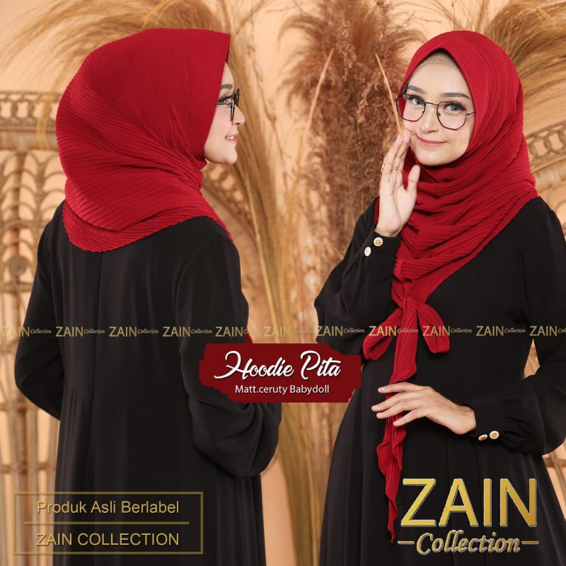 jilbab instan hoodie pita plisket ORI ZAIN-Merah