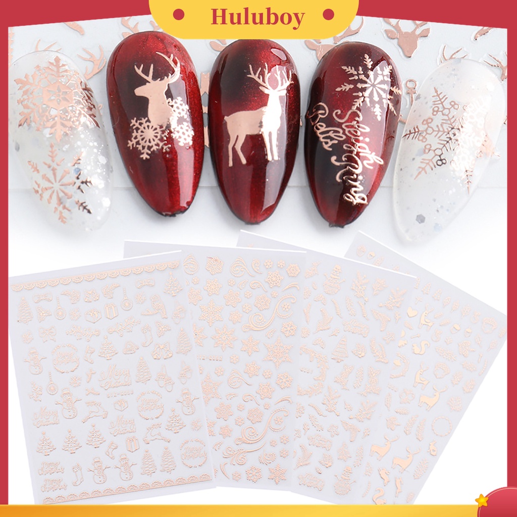 Huluboy Huluboy♡ 3pcs Stiker Kuku Motif Snowflake / Rusa Natal Warna Rose Gold Untuk Dekorasi Manicure