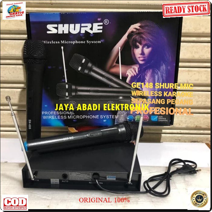 G148 Shure mic Wireless sepasang mik karaoke system microphone wireles mikrophone dual pegang profesional pro suara audio sound sistem vokal vocal panggung G148  BISA SEGALA JENIS AUDIO SOUND  2PCS MIC WIRELESS  BATERAI AA  2 unit mic handle jarak 20 - 30