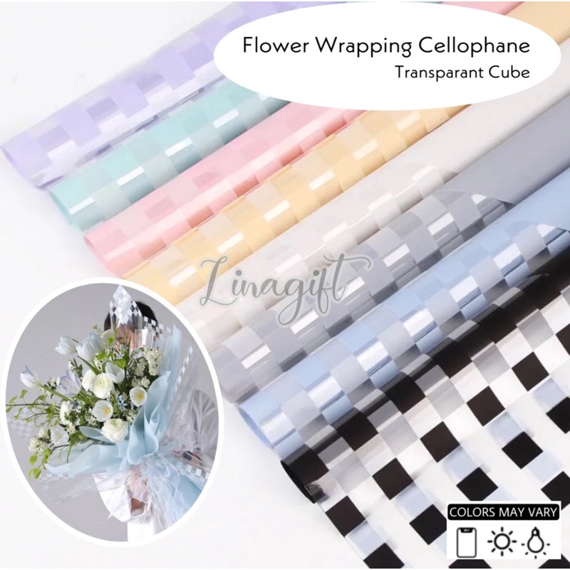 ( 5 Lembar ) TRANSPARANT CUBE - FLOWER WRAPPING PAPER KERTAS BUNGA KOREAN CELLOPHANE PLASTIC KARANGAN BUKET