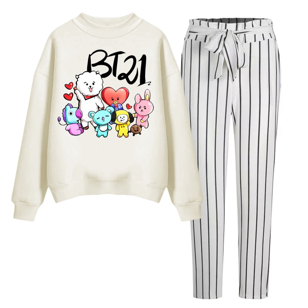 BESS - Baju Setelan Wanita Murah / Setelan Sweater + Celana Salur Putih - BT BONEKA