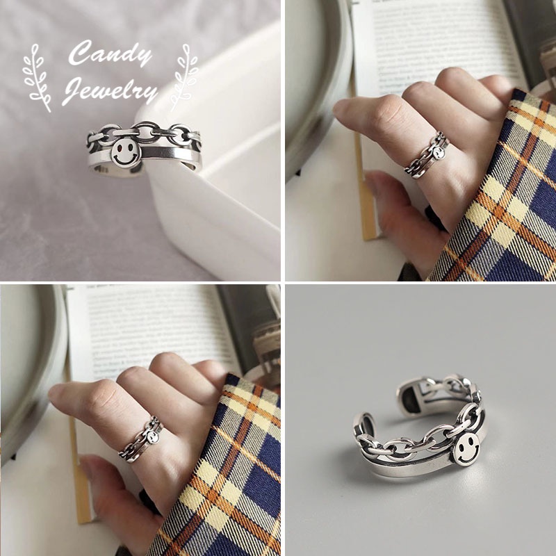 2022kalung Fashion Smile Smiley Face Cincin Perak Pria Dan Wanita Pesona Retro Adjustable Ring