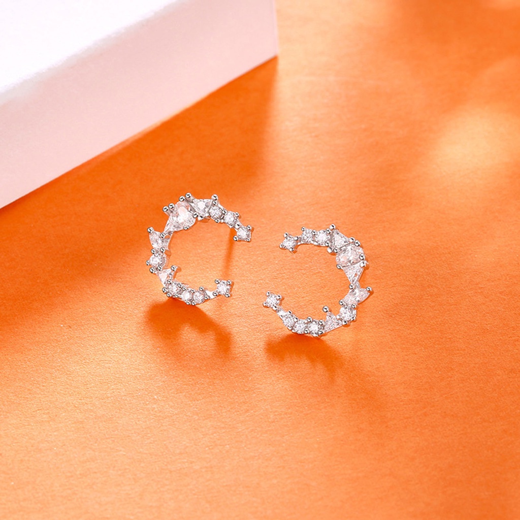 Hu Hu Hu Hu Hu Alat Bantu Pasang Kacamata♡ 1 Pasang Anting Tusuk Sterling Silver 925 Bentuk Bulan Sabit Hias Cubic Zirconia Untuk Wanita