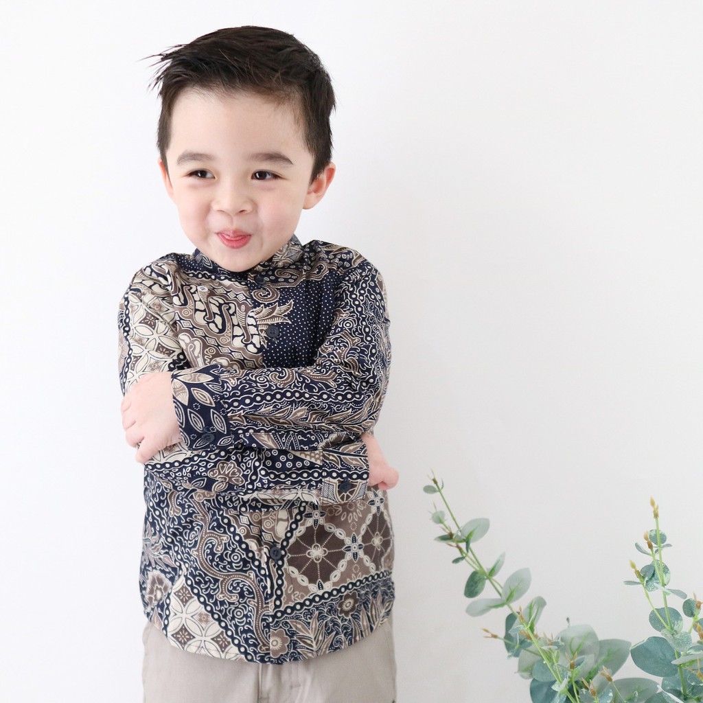 Open Preorder Kemeja Batik Couple Anak &amp; Ayah Panjang / Pendek By Little Malik Batik, Navy Coklat