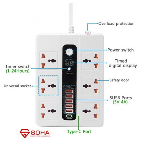 SOHA BKL-11 Stop Kontak Pakai Waktu / Power Socket Timer + 5 USB Port 3.4A Multi Port &amp; 1 P