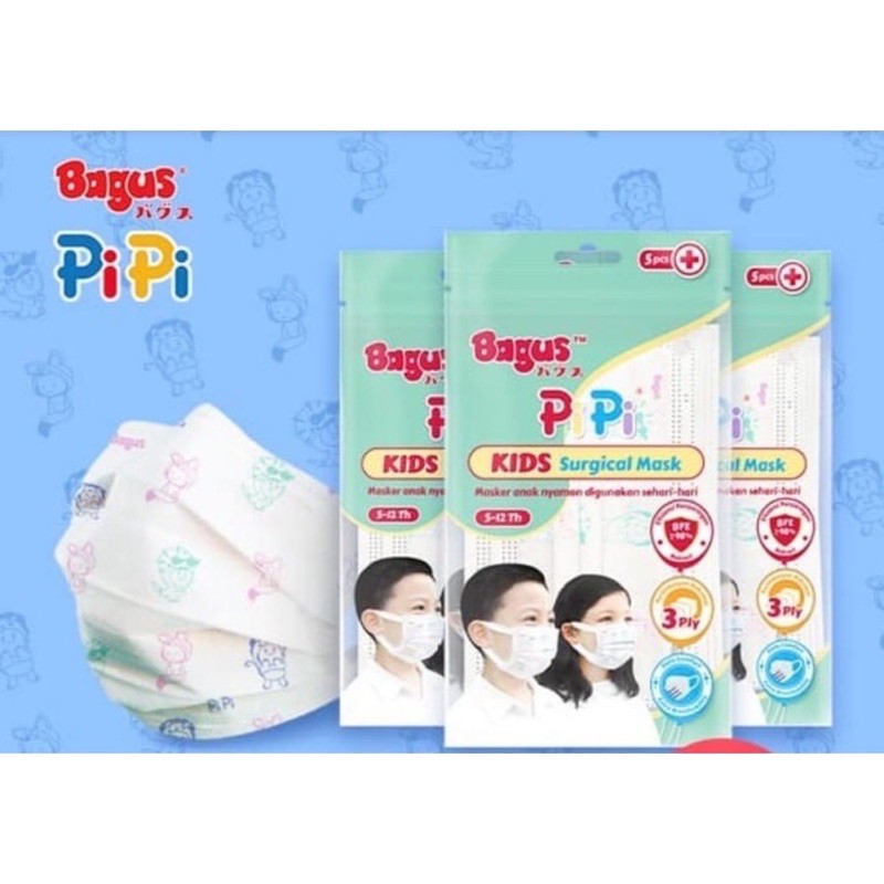 Bagus PiPi Kids Surgical Mask 5 pcs - Masker Medis Anak 3 Ply