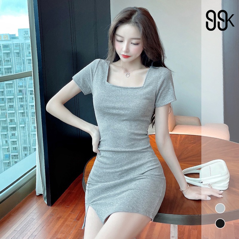 Bodycon Sexy Mini Dress Square Neck Dress Wanita Lengan Pendek 1327 (S-XL)