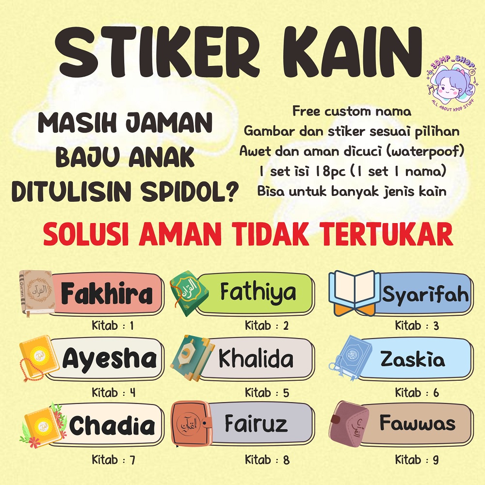 Stiker nama kain baju custom label sablon setrika laki laki pria anak perempuan muslim muslimah