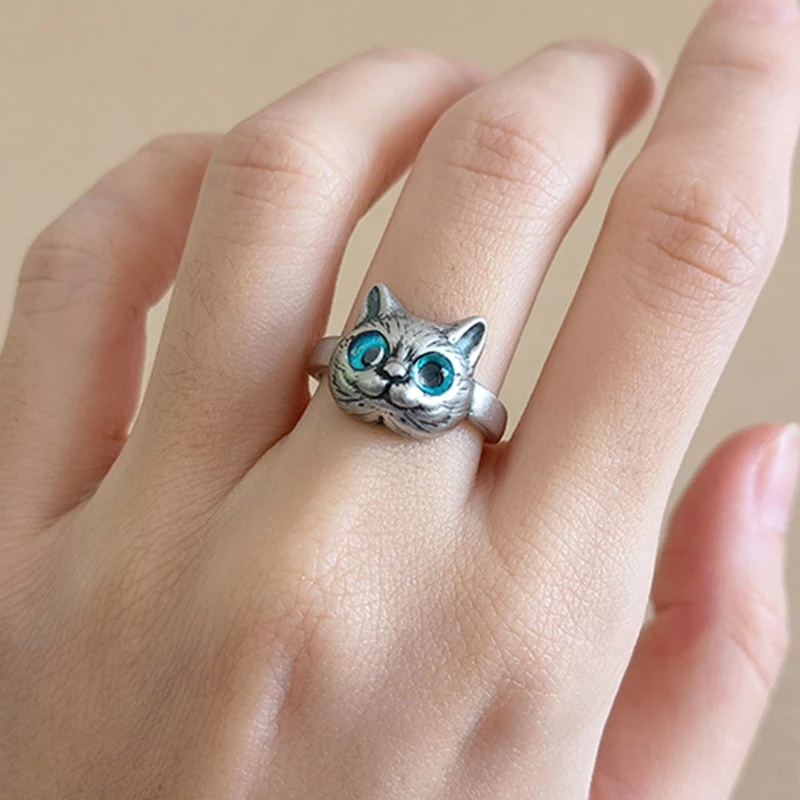 Cincin Model Terbuka Dapat Disesuaikan Desain Hewan Kucing Mata Biru Gaya Vintage Punk Gothic Untuk Unisex