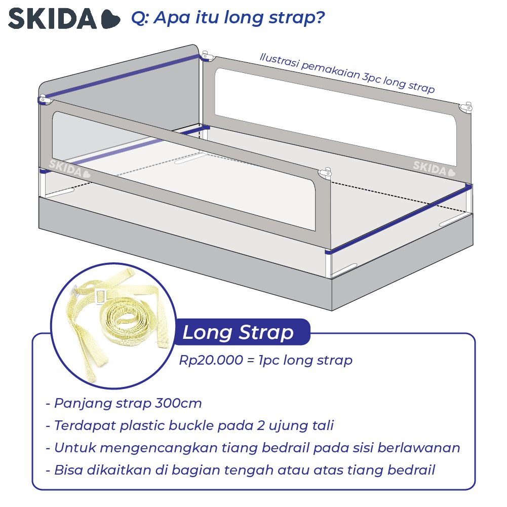 Skida Bedrail Belt / Long Strap / Mattress Anchor Straps / Tali Pengencang Pagar Pengaman Ranjang