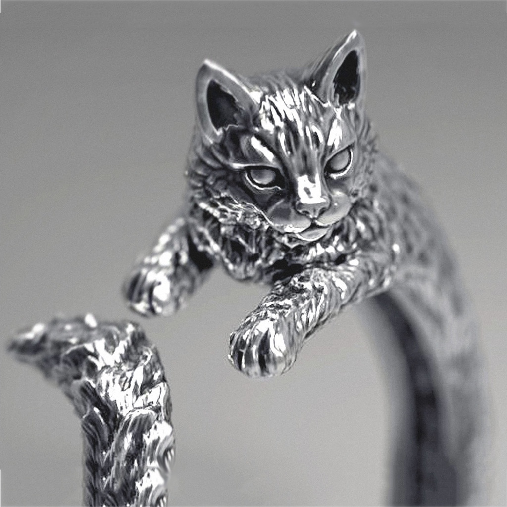 Cincin Desain Kucing Hitam Bahan Stainless Steel s925 Gaya retro Untuk Wanita