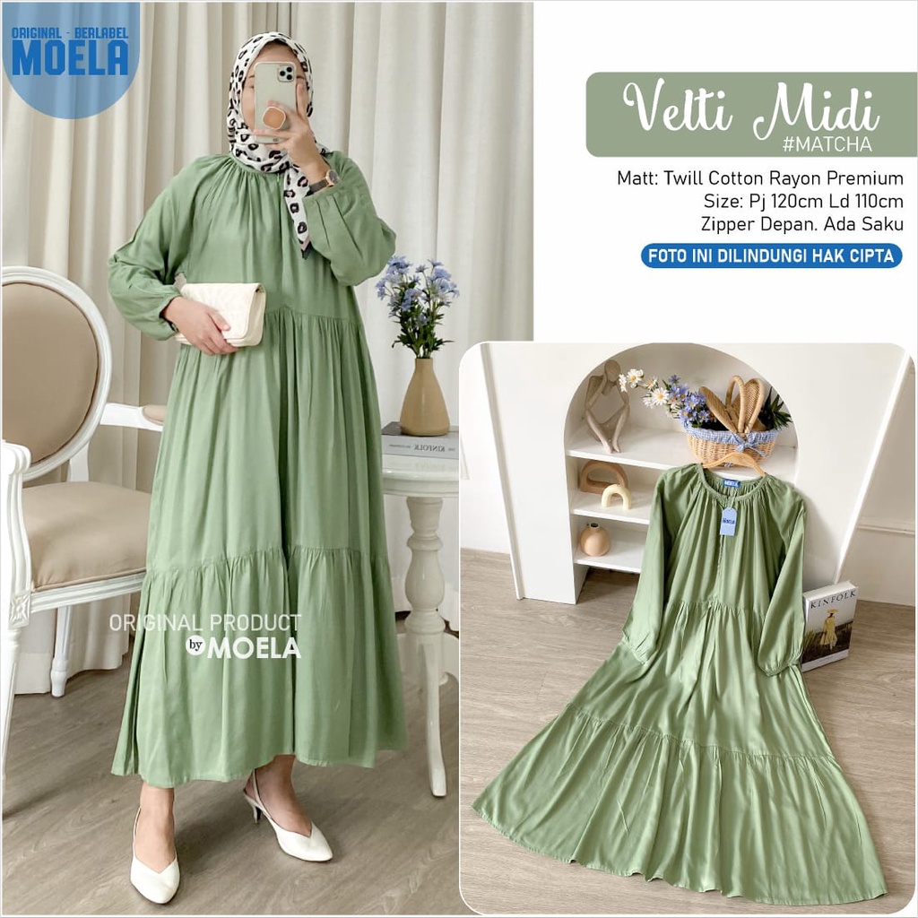 Terlaris Velti Midi Dress Gamis Tunik Abaya Polos Motif Terbaru By Moela