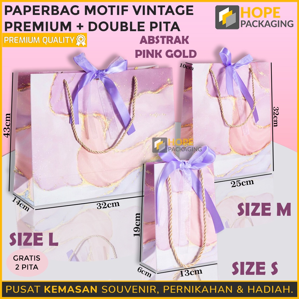 Paper Bag Motif Vintage Premium + Double Pita Warna Hijau / Pink / paperbag Ungu Motif Bunga peony Abstrak Pink Gold