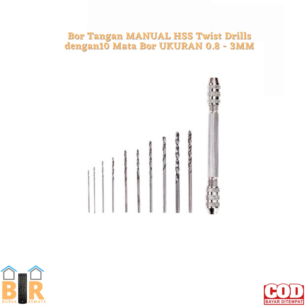 Bor Tangan MANUAL HSS Twist Drills dengan10 Mata Bor UKURAN 0.8 - 3mm