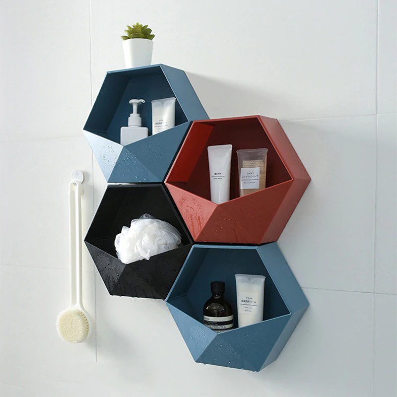 Rak Gantung Dinding Tempel Minimalis Dekorasi Dinding Hexagonal Aesthetic Plastik ABS Kuat Untuk Ruang Tamu Kamar Mandi Rumah Kafe