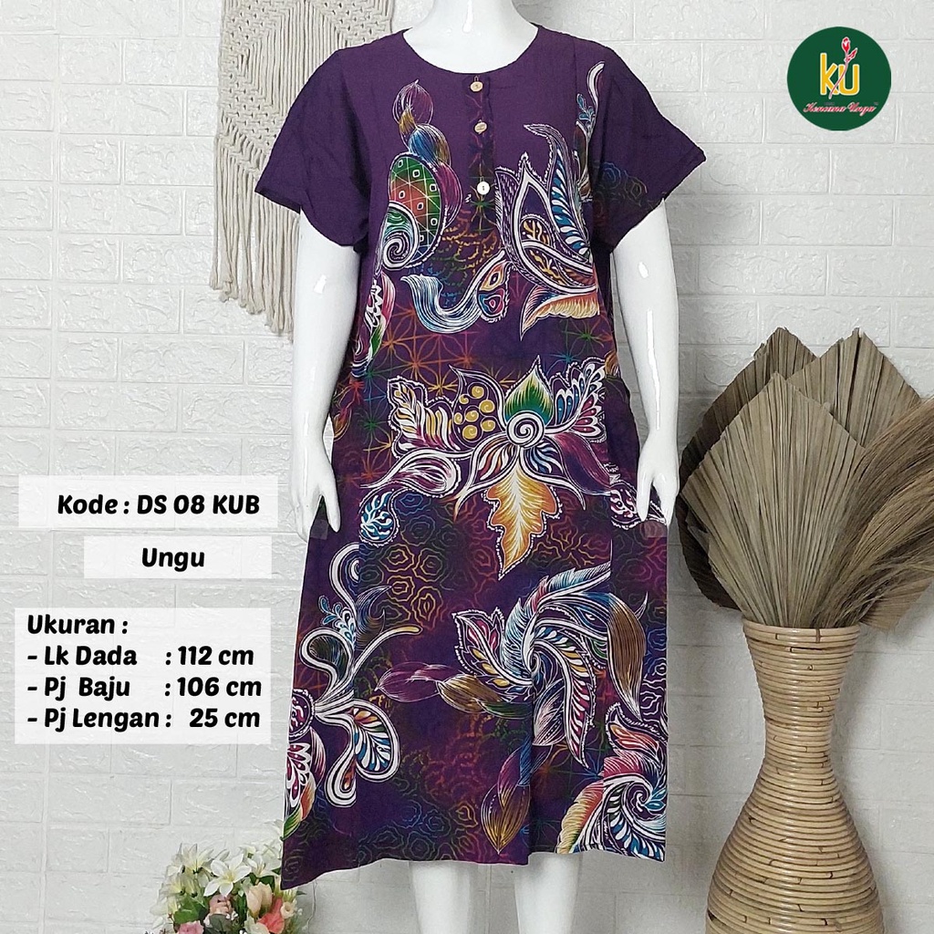Bisa COD DS08 KUB | Daster Batik Kencana Ungu Asli Label Biru | Baju Santai Tidur Wanita Dewasa Kancing Depan Busui Friendly Motif Terbaru-3