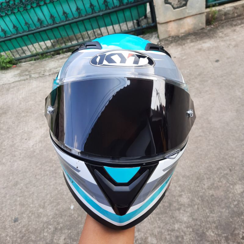 HELM KYT FALCON - PAKET GANTENG Aqua Blue Flou Black flat visor kaca flat ready top pinlock Original