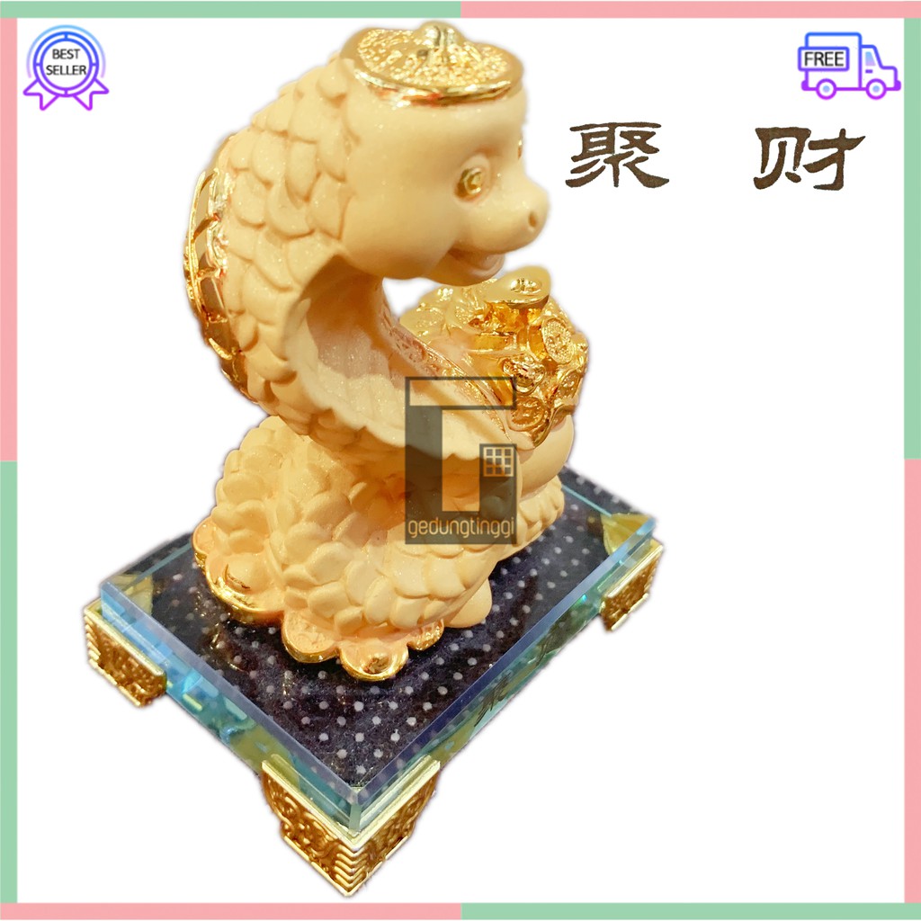 Pajangan Hiasan Kado Patung Imlek Hoki Rejeki Zodiak Shio Ular Cobra Lucky Fengshui Emas Gold Resin