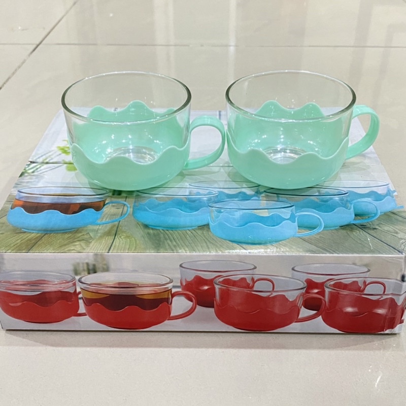 Gelas Gagang Mini Sloki Teh Kaca Motif Telur Kelly isi 6
