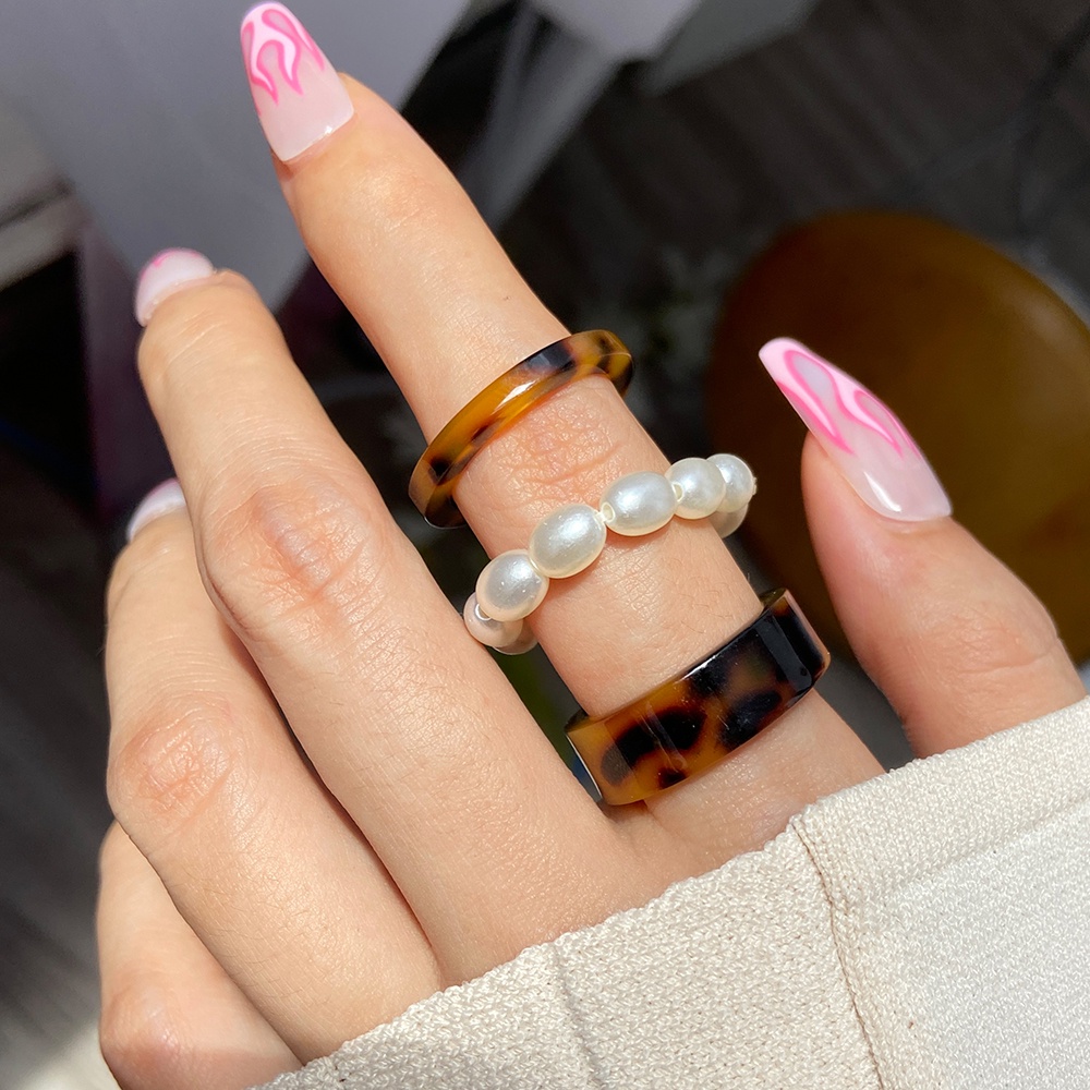 3Pcs/Set Retro Pearl Resin Ring Set Colorful Gradient Finger Rings Women Jewelry Accessories