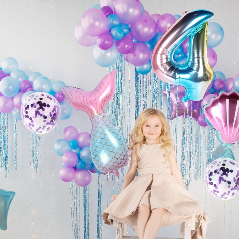 7pcs / Set Balon Foil Angka Bentuk Ekor Mermaid Untuk Dekorasi Pesta Ulang Tahun / Baby Shower