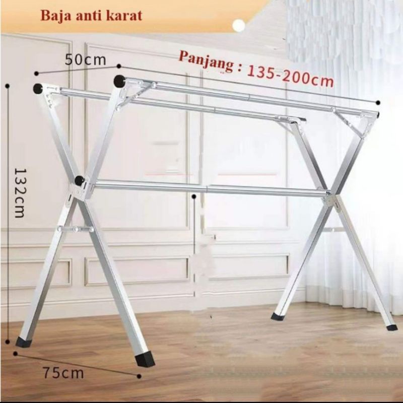 JEMURAN BAJU HANDUK STAINLESS STEEL RAK KAPSTOK GANTUNGAN CELANA BISA LIPAT -2 METER