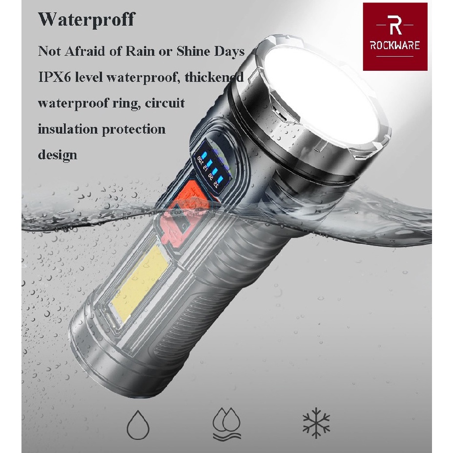 ROCKWARE RW-630A - Senter Super Terang Jarak Jauh Hingg 200M - IPX6 Waterproof dan Rechargeable Battery