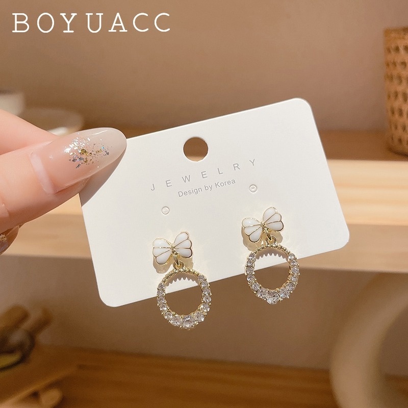 Anting Tusuk Desain Pita Hias Zircon Gaya Korea Serbaguna Untuk Wanita