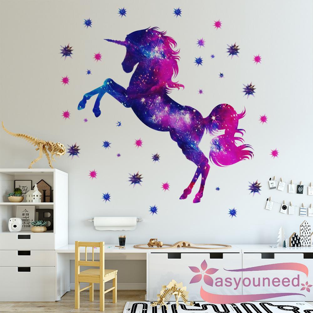 Aydá¦colorful Galaxy Unicorn And Stars 3d Wall Stickers The Art Magic Horse Home Decor Shopee Indonesia
