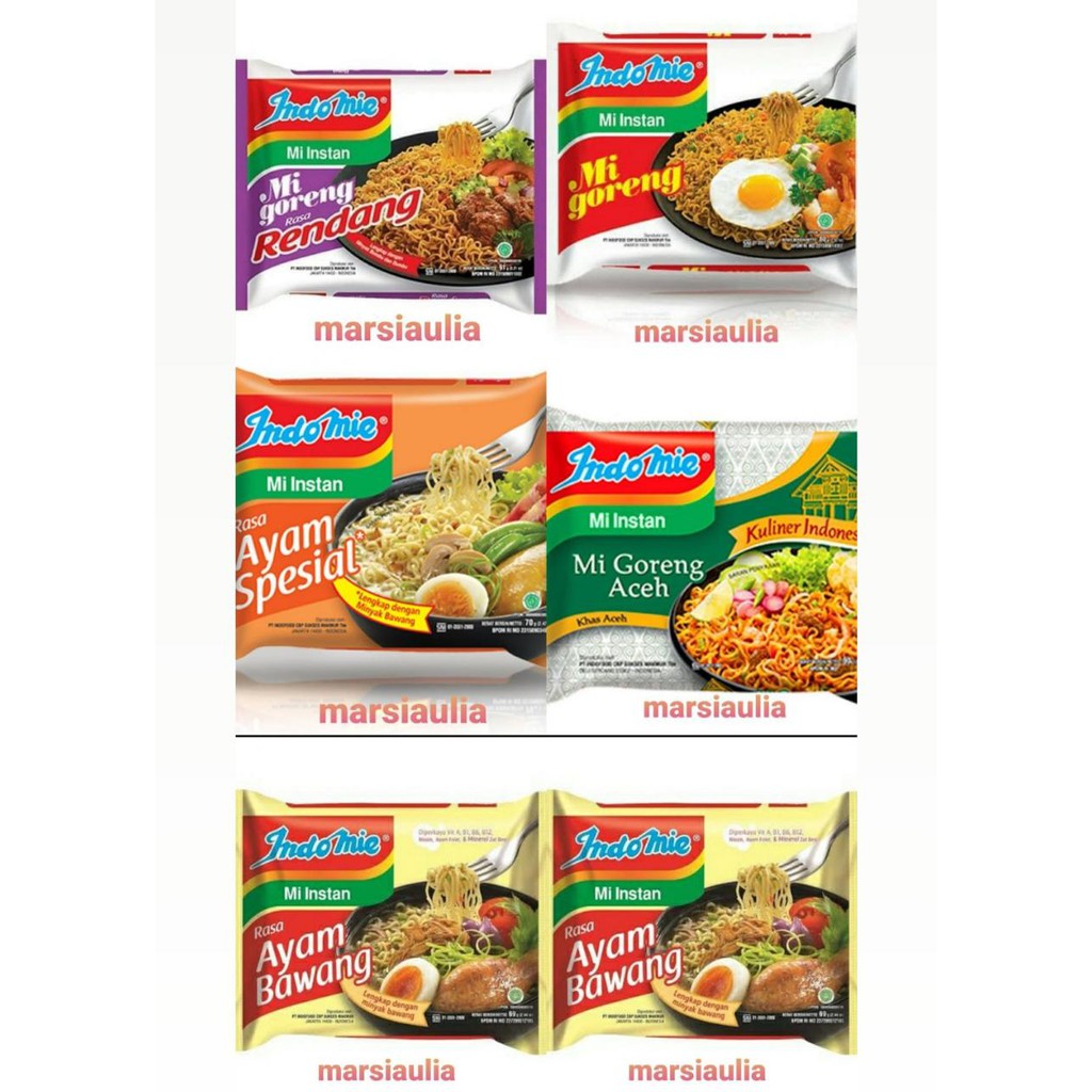 

Indomie goreng / soto/ ayam bawang/ kari ayam /rendang/ ayam spesial