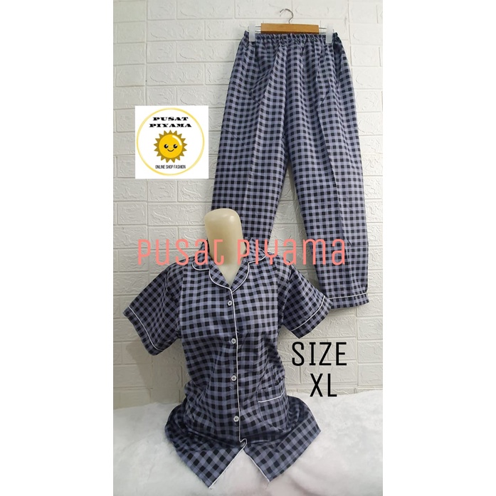 Setelan Lengan Pendek Piyama Baju Tidur Wanita Guilen Kotak Pajamas Cewek Dewasa Kekinian Abg-XL Lumin pndek Abu