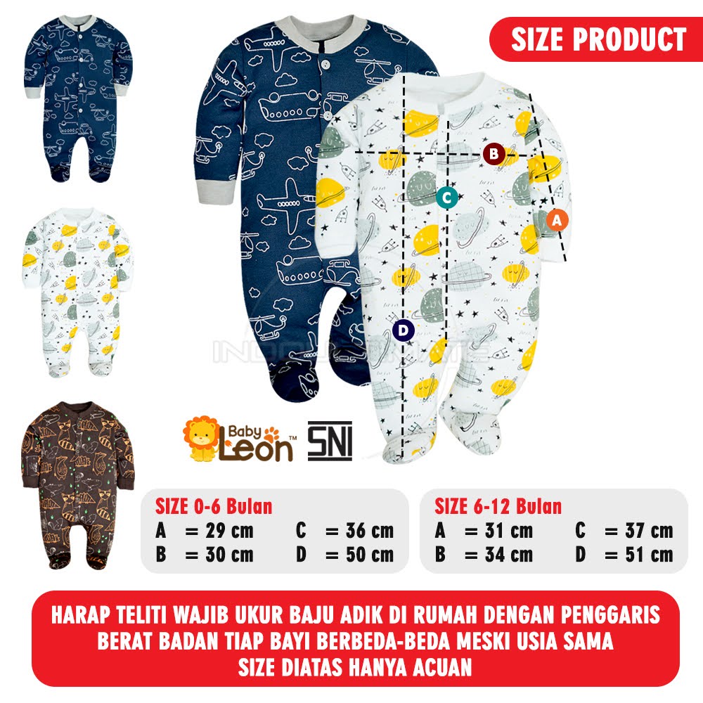 BABY LEON Baju Sleepsuit Bayi Kaki Tutup (0-12 Bulan) Lengan Panjang Baju tidur Jumsuit Jumper pergi anak Bayi balita Newborn BC-072 Sleepsuit Bayi Piyama bedong kaki buka Bayi Laki laki Perempuan Laki-laki