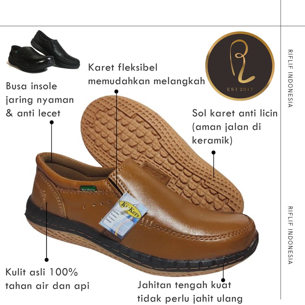 Sepatu Kickers / Sepatu Slip On Selop Casual Pria Bahan Kulit Asli 100% Murah dan Gaya / Sepatu cowok Laki-laki untuk Travelling dan Jalan-jalan Santai Sol Karet Elegan