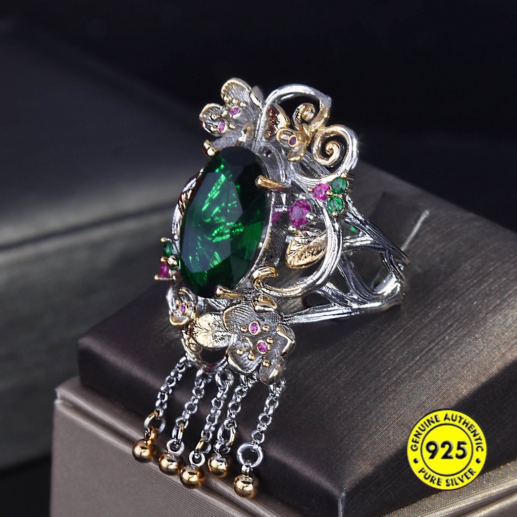 Tassel Colored Gems Ring Emerald Flowers Openings