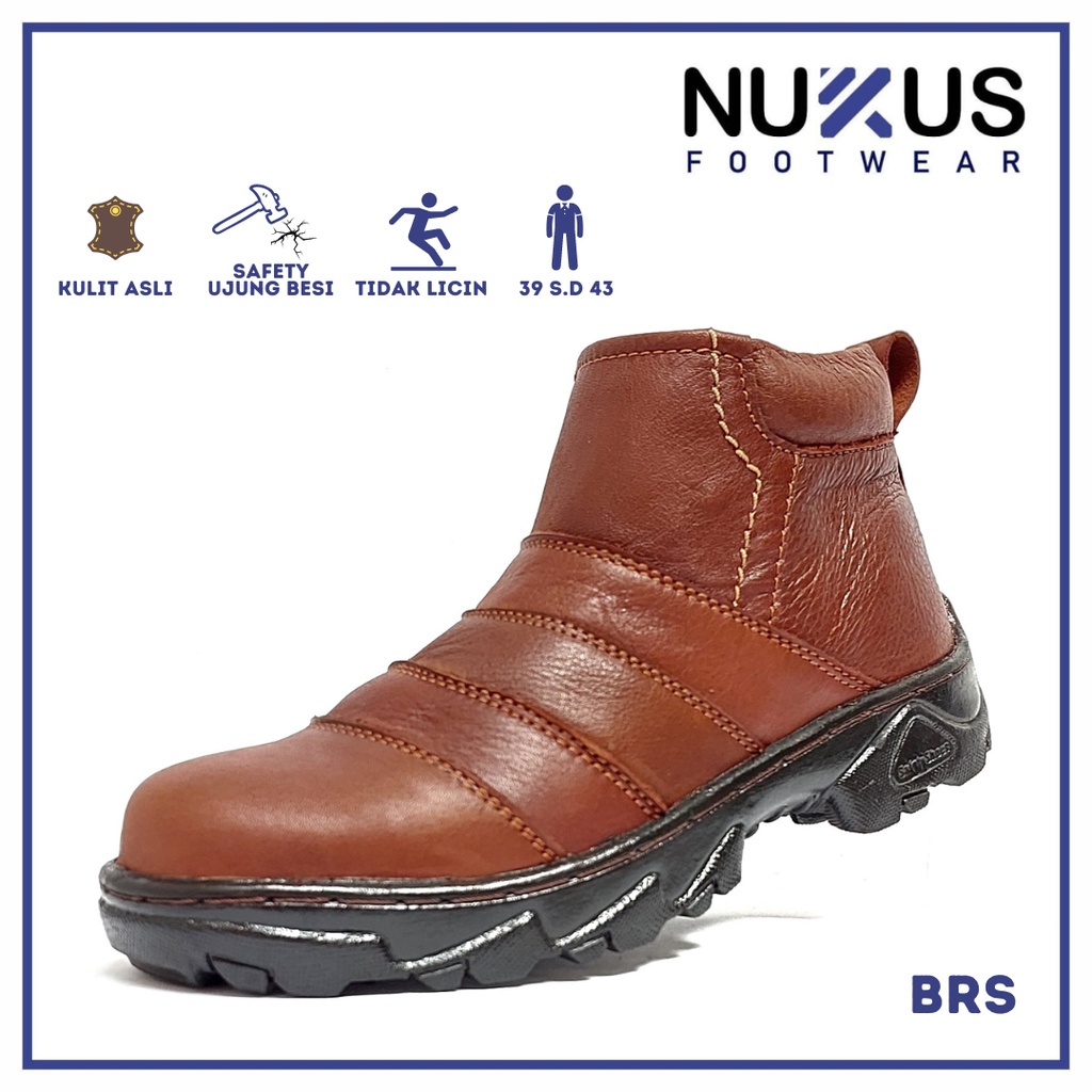 Nukus Sepatu Safety Boots Resleting Pria Kulit Asli Coklat - BRS