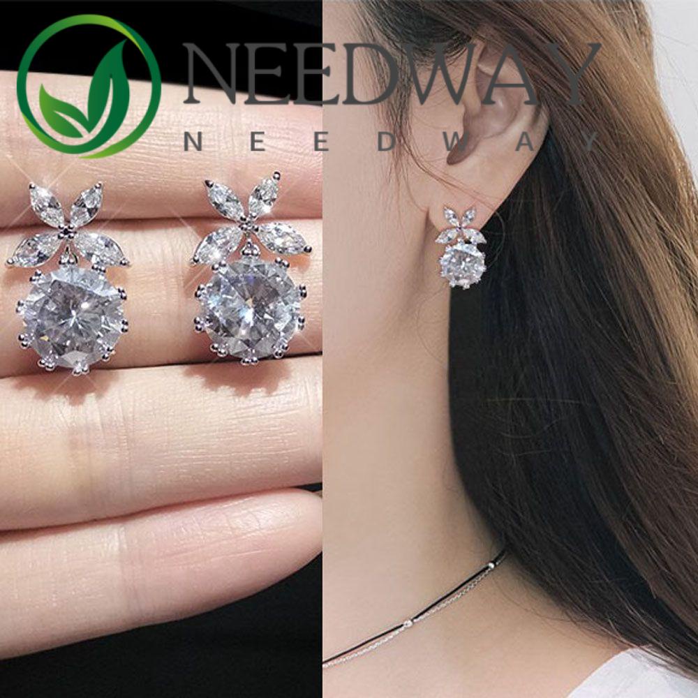 Needway  Elegant Ear Studs Trendy Jewelry Dangle Drop Earrings Prevent Allergy Korea Style Rhinestone Shiny S925 Silver Needle Girls Fashion Accessories/Multicolor