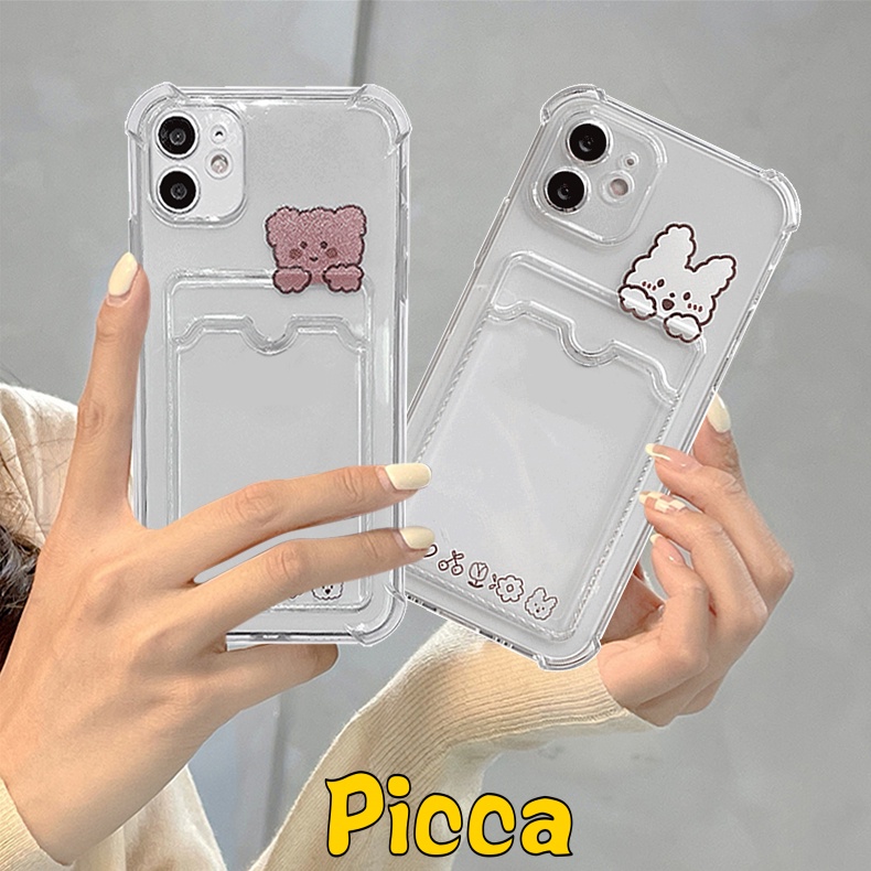 Casing Oppo A7 A55 A76 A55 A3S A12 A96 A54 A15 A95 A5 A9 2020 A74 A16 A15S A35 A11K A5S A12E A11 A36 Reno 8 7 6 Bening Rabbit Bear Dompet Card Holder Case Soft Tpu Cover