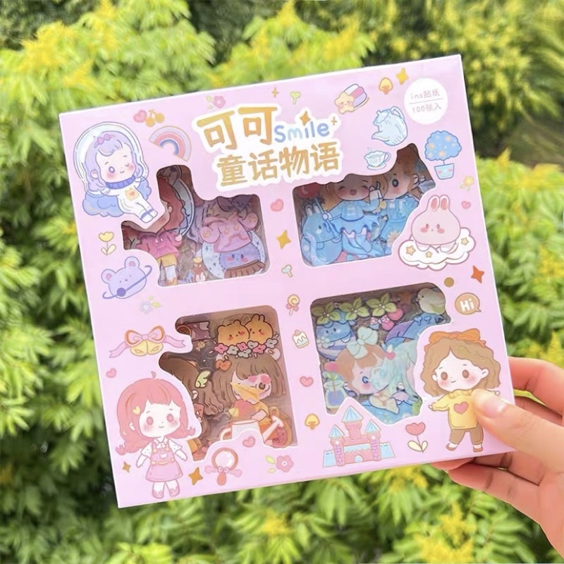 

100 Pcs / Set Stiker Motif Kartun Bahan PET Tahan Air Untuk Alat Tulis Jurnal 100 lembar sticker